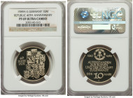 Democratic Republic Proof 10 Mark 1989-A PR69 Ultra Cameo NGC, KM132. 40th Anniversary of the DDR. Showing glossy fields with a design bearing several...