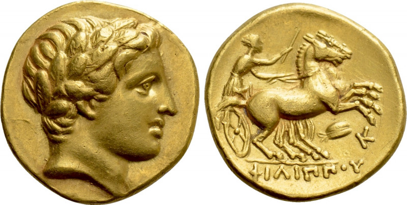 KINGS OF MACEDON. Philip II (359-336 BC). GOLD Stater. Amphipolis. 

Obv: Laur...