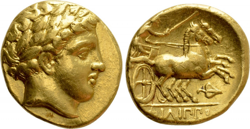 KINGS OF MACEDON. Philip II (359-336 BC). GOLD Stater. Amphipolis.

Obv: Laure...