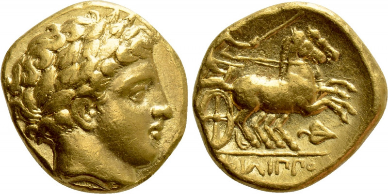 KINGS OF MACEDON. Philip II (359-336 BC). GOLD Stater. Amphipolis.

Obv: Laure...