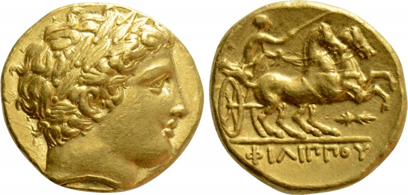 KINGS OF MACEDON. Philip II (359-336 BC). GOLD Stater. Pella. 

Obv: Laureate ...