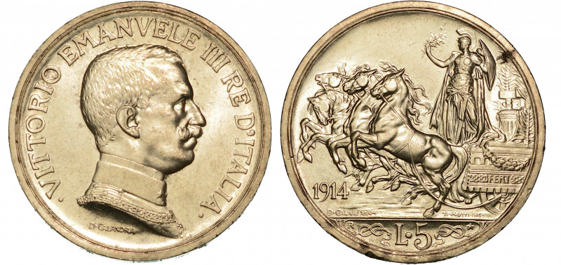 REGNO D'ITALIA. VITTORIO EMANUELE III DI SAVOIA, 1900-1946. 5 Lire 1914. Quadrig...