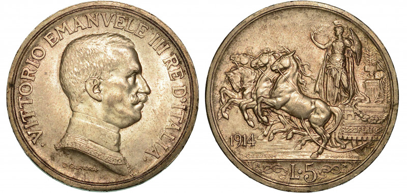REGNO D'ITALIA. VITTORIO EMANUELE III DI SAVOIA, 1900-1946. 5 Lire 1914. Quadrig...
