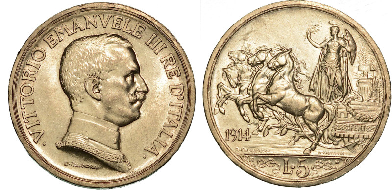 REGNO D'ITALIA. VITTORIO EMANUELE III DI SAVOIA, 1900-1946. 5 Lire 1914. Quadrig...