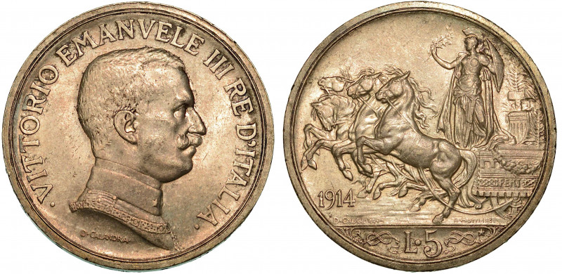 REGNO D'ITALIA. VITTORIO EMANUELE III DI SAVOIA, 1900-1946. 5 Lire 1914. Quadrig...