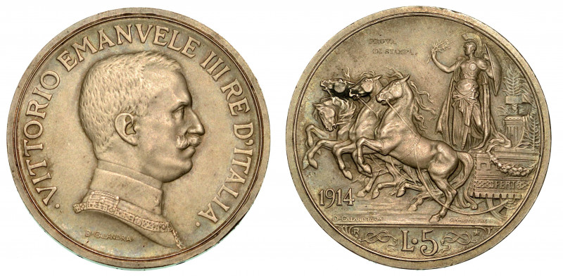 REGNO D'ITALIA. VITTORIO EMANUELE III DI SAVOIA, 1900-1946. 5 Lire 1914. Quadrig...