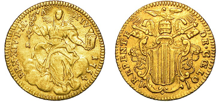STATO PONTIFICIO. BENEDETTO XIV, 1740-1758. Zecchino 1754 A. XIV.

Personifica...