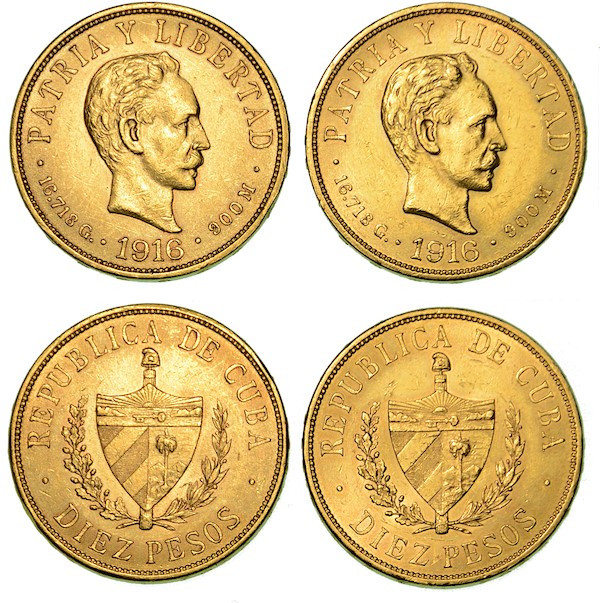 CUBA. Lotto di due monete.

10 Pesos 1916 (2 esemplari). Friedb. 3. g. 16,74. ...