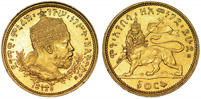 ETIOPIA. MENELIK II, 1889-1913. Werk 1889 (1897).

Busto a d. con copricapo tr...