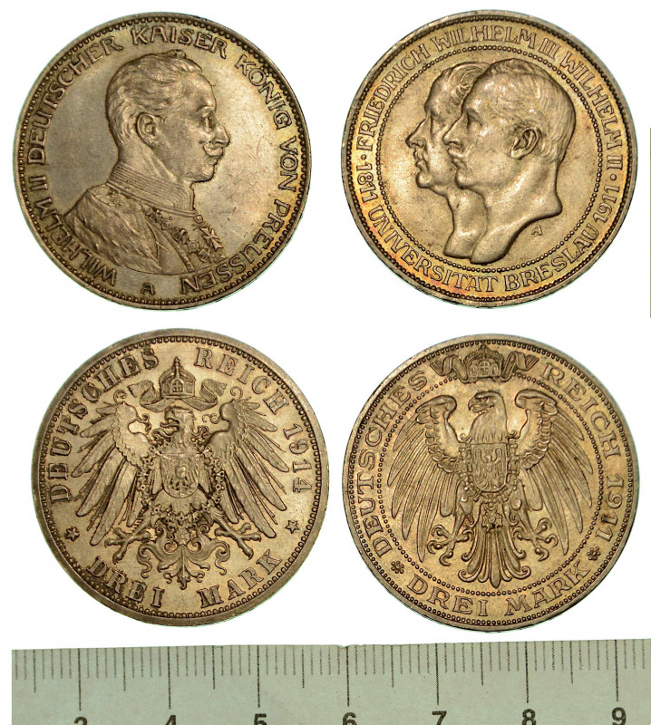 GERMANIA - PRUSSIA. Lotto di due monete.

Wilhelm II, 1888-1918. 3 Mark 1911. ...