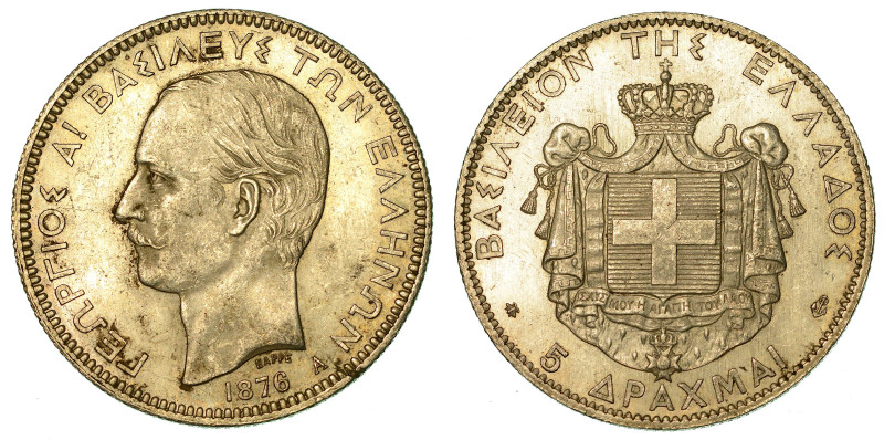 GRECIA. GEORGIOS I, 1863-1913. 5 Drachmai 1876.

Testa a s. R/ Stemma reale co...