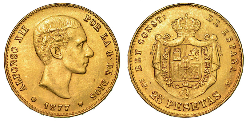 SPAGNA. ALFONSO XII, 1874-1885. 25 Pesetas 1877 (riconio).

Testa a d. R/ Stem...