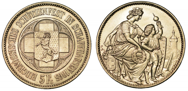 SVIZZERA. TIRI FEDERALI - SCHAFFHAUSEN. 5 Franken 1865.

Svizzera seduta con b...