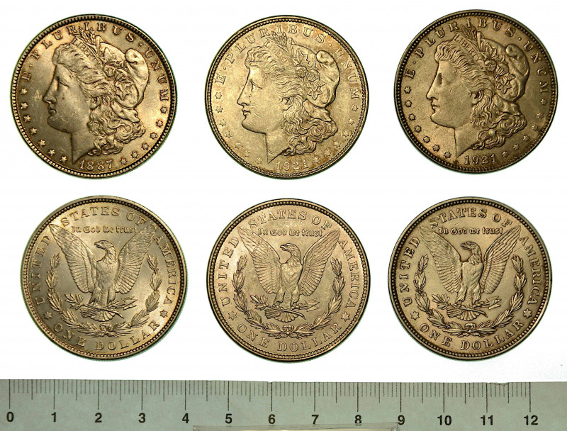 USA. Lotto di tre esemplari.

Morgan Dollar 1887 (Philadelphia) - 1921 (Philad...
