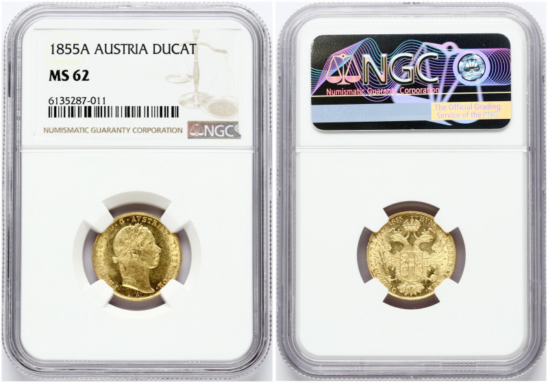 Austria 1 Ducat 1855A Franz Joseph I (1848-1916). Obverse: Laureate portrait fac...
