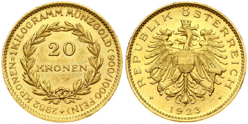 Austria 20 Kronen 1923 Obverse: Eagle of the new Austrian arms, date below. Lett...