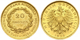 Austria 20 Kronen 1923 Obverse: Eagle of the new Austrian arms, date below. Lettering: REPUBLIK ÖSTERREICH 1923. Reverse: Wreath with value; date and ...