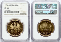 Austria 100 Schilling 1931 Obverse: Imperial Eagle with Austrian shield on breast holding hammer and sickle. Reverse: Value at top flanked by edelweis...