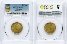Colombia 5 Pesos 1919 Obverse: Native; date below. Reverse: Arms and denomination. Gold 7.98g.KM-195.1. PCGS MS 61