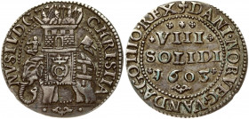 Denmark 8 Solidi/Skilling 1603 Christian IV (1588-1648). Obverse: War elephant walking left; with rider on head and a big war tower with 3 warriors on...