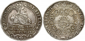 Denmark 1 Speciedaler 1624 NS Christian IV (1588-1648). Obverse: Crowned half-bust of King Christian IV facing right over a big ornate cartouche with ...