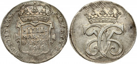 Denmark 4 Mark 1684 GS Christian V (1670-1699). Obverse: Crowned double King's monogram. Lettering: 5CC5. Reverse: Crowned shield with value and date ...