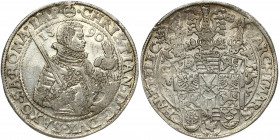 Germany SAXONY 1 Thaler 1590 HB Christian I(1586-1591). Obverse: Armored right facing bust with sword over shoulder. Bust divides date. Lettering: Chr...