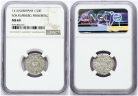 Germany SCHAUMBURG-PINNEBERG 1/24 Thaler 1614 Obverse: Shield of 4-fold arms with central shield of Schaumburg; 3 ornate helmets above. Lettering: E D...