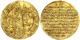 Germany Saxony 1 Ducat 1619 Johann Georg I (1615-1656). Obverse: Elector on horseback to right; with sword over right shoulder; divides date; oval shi...