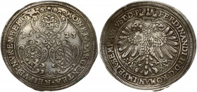 Germany Nürnberg 1 Thaler 1623 Obverse: 3 Ornate rounded shields; upper shield is imperial eagle; divided date above. Lettering: .MONETA.ARGENTEA.REIP...