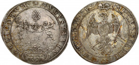 Germany AUGSBURG 1 Thaler MDCXXIV (1624). Obverse: Large pine cone held by 2 angels above city view; Roman numeral date in cartouche below. Lettering:...