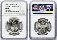 Germany SAXONY 3 Mark 1913E 100th Anniversary of the Battle of Leipzig. Friedrich August III (1904-1918). Obverse: Monument divides date above. Letter...