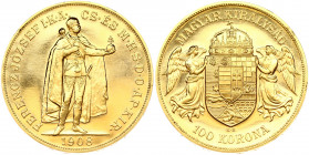 Hungary 100 Korona 1908 Franz Joseph I (1848-1916) Obverse: Crowned shield with angel supporters. Lettering: MAGYAR KIRÁLYSÁG KB 100 KORONA. Reverse: ...