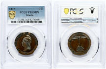 Liberia 1 Cent 1847 Obverse: Head with cap left within circle; stars below. Lettering: REPUBLIC OF LIBERIA W.J.T. Reverse: Palm tree within circle; 2 ...