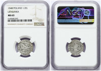 Lithuania 1/2 Grosz 1548 Vilnius. Sigismund II Augustus (1545-1572). Obverse: Eagle. Lettering: SIGIS AVG REX PO MAG DVX LI. Reverse: Vytis the legend...
