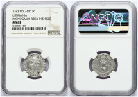 Lithuania 3 Groszy 1562 Vilnius. Sigismund II Augustus (1545-1572) Obverse: Stripped S in monogram. Reverse: Rider Knight - Vytis in shield. Ending of...