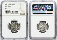 Lithuania 3 Groszy 1598 Vilnius. Sigismund III Vasa (1587-1632) Obverse: Crowned bust facing right with a longer; pointed beard surrounded by legend. ...