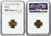 Lithuania 1 Centas 1925 Obverse: National arms and date. Lettering: LIETUVOS RESPUBLIKA 1925. Reverse: Value within circle divides stem of flowers. Le...