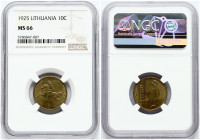 Lithuania 10 Centų 1925 Obverse: National arms and date. Lettering: LIETUVOS RESPUBLIKA 1925. Reverse: Value to right of sagging grain ears. Lettering...