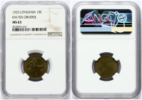 Lithuania 10 Centų 1925 Obverse Trial strike. Obverse: National arms and date. Lettering: LIETUVOS RESPUBLIKA 1925. Reverse: Uniface. Aluminium-bronze...