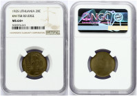 Lithuania 20 Centų 1925 Reverse Trial strike. Reverse: Value to right of sagging grain ears. Lettering: 20 CENTŲ. Edge: Plain. Aluminium-bronze. KM TS...
