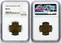 Lithuania 20 Centų 1925 Obverse: National arms and date. Lettering: LIETUVOS RESPUBLIKA 1925. Reverse: Value to right of sagging grain ears. Lettering...