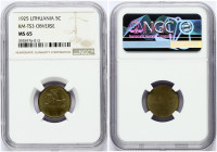 Lithuania 5 Centai 1925 Obverse Trial Strike. Obverse: National arms and date. Lettering: LIETUVOS RESPUBLIKA 1925. Reverse: Uniface. Aluminium-bronze...