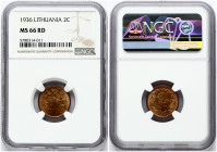 Lithuania 2 Centai 1936 Obverse: National arms. Lettering: LIETUVA. Reverse: Large value divides date within wreath. Lettering: 2 CENTAI 1936. Edge De...