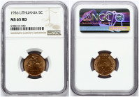 Lithuania 5 Centai 1936 Obverse: National arms. Lettering: LIETUVA. Reverse: Large value within wreath; date on top. Lettering: 1936 5 CENTAI. Edge De...