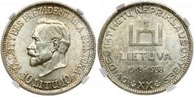 Lithuania 10 Litų 1938 20th anniversary of Republic. Obverse: Columns of Gediminas. Lettering: XX DVIDEŠIMT METŲ NEPRIKLAUSOMYBĖS LIETUVA 1918-1938. R...