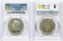 Lithuania 10 Litų (1918-1938) 20th Anniversary of Republic. Coin flipped 180 degrees. Obverse: Columns of Gediminas. Lettering: XX DVIDEŠIMT METŲ NEPR...