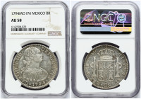 Mexico 8 Reales 1794 MO FM. Charles IV (1788-1808). Obverse: Bust facing right. Lettering: CAROLUS·IIII·DEI·GRATIA ·1794·. Reverse: Hispanic arms. A p...
