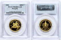 Mongolia 4000 Tugrik 1992 Obverse: Soembo arms above value. Reverse: Horse and rider left. Gold (0.9999) 15.59g. KM 81. PCGS PR 68 DCAM ONLY 3 COINS I...