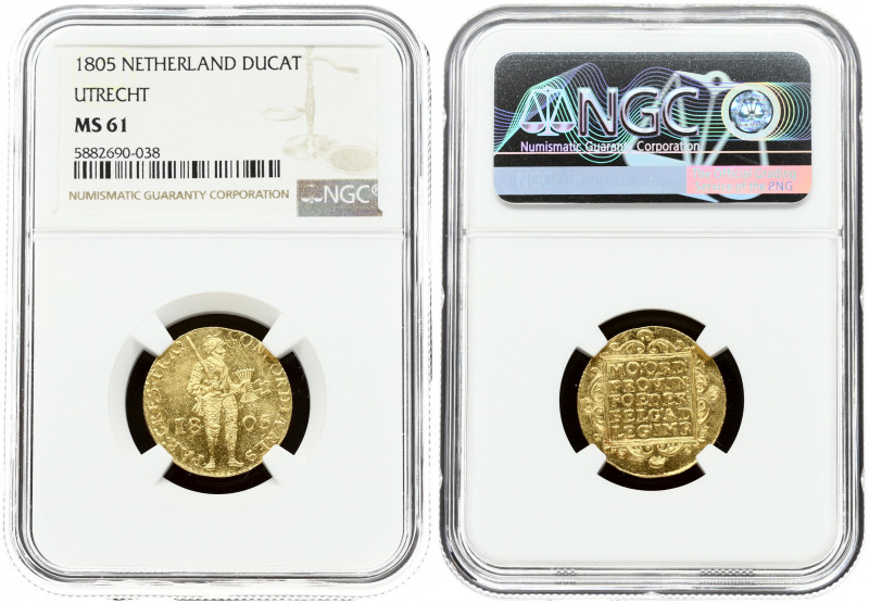 Netherlands UTRECHT 1 Ducat 1805 Obverse: Standing armored knight with sword and...